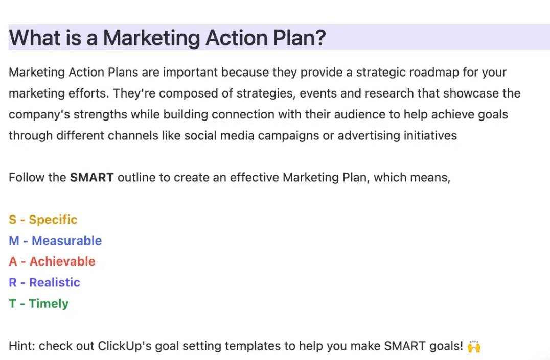 La plantilla de plan de acción de marketing de ClickUp, fácil de usar para principiantes, acorta la distancia entre los procesos, la supervisión y la autonomía