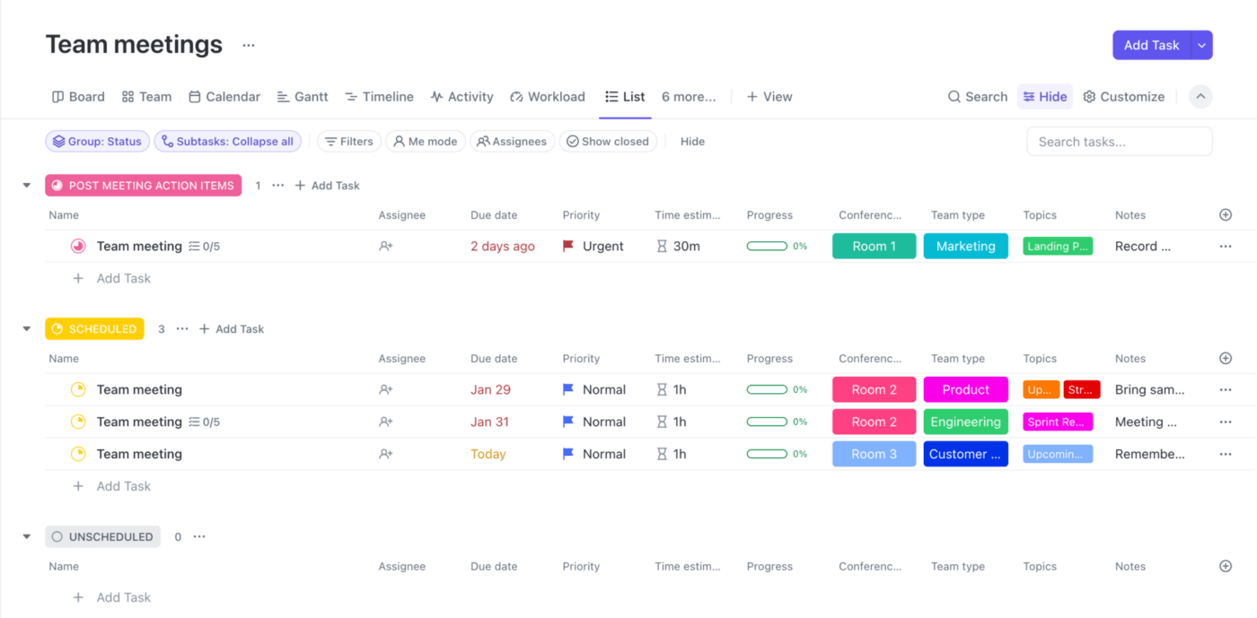 Lista de reuniões do ClickUp no Tasks