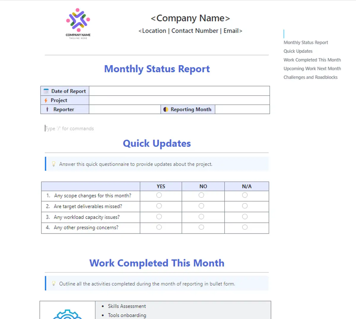 Śledź postępy projektów swojej firmy dzięki szablonowi miesięcznego raportu biznesowego ClickUp