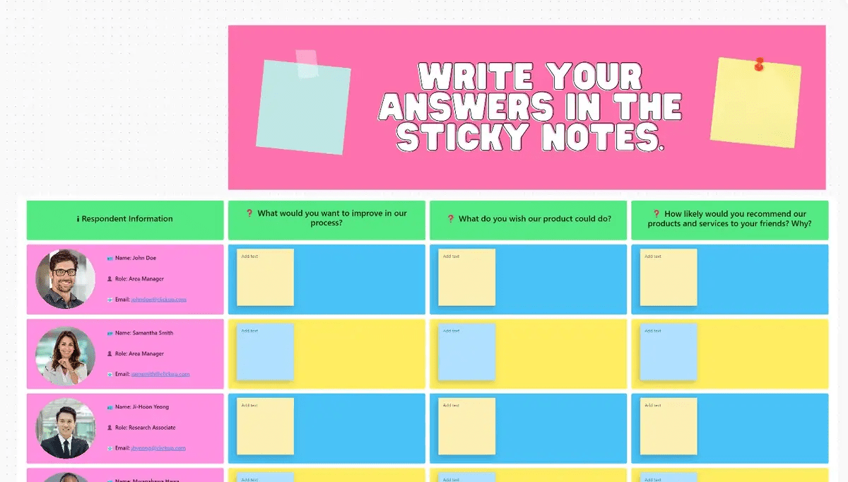 Organize all your research data into clear visualizations with the ClickUp Research Whiteboard Template