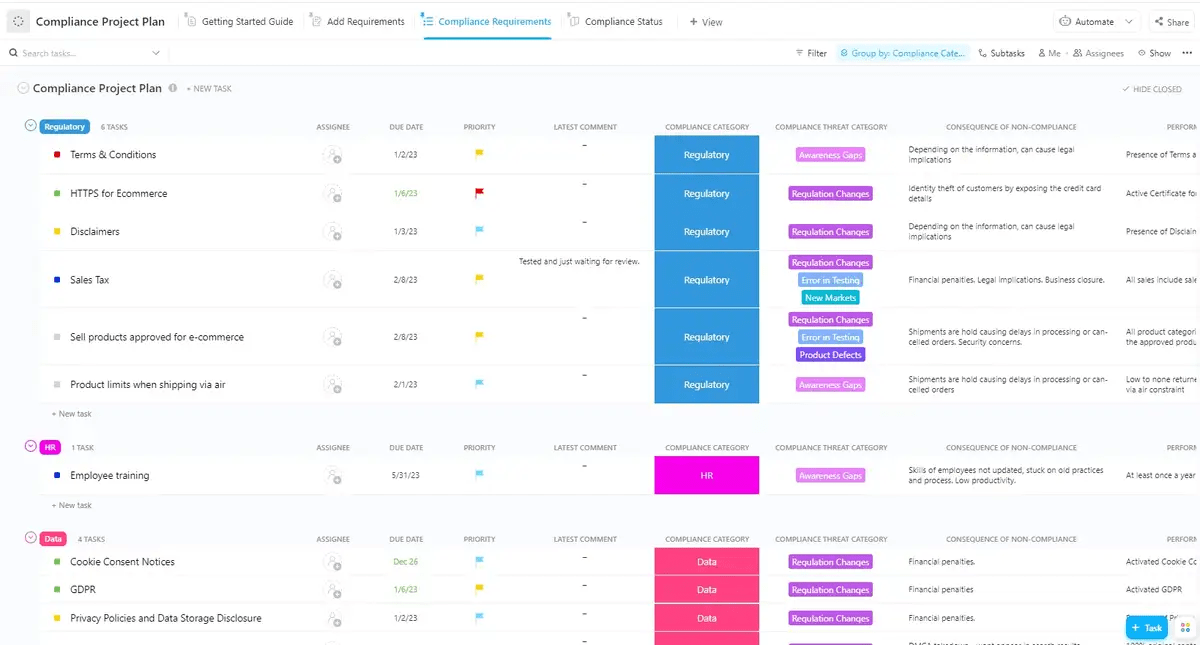 ClickUp's Compliance Project Plan Template is designed to help you keep track of your organization's compliance goals. 