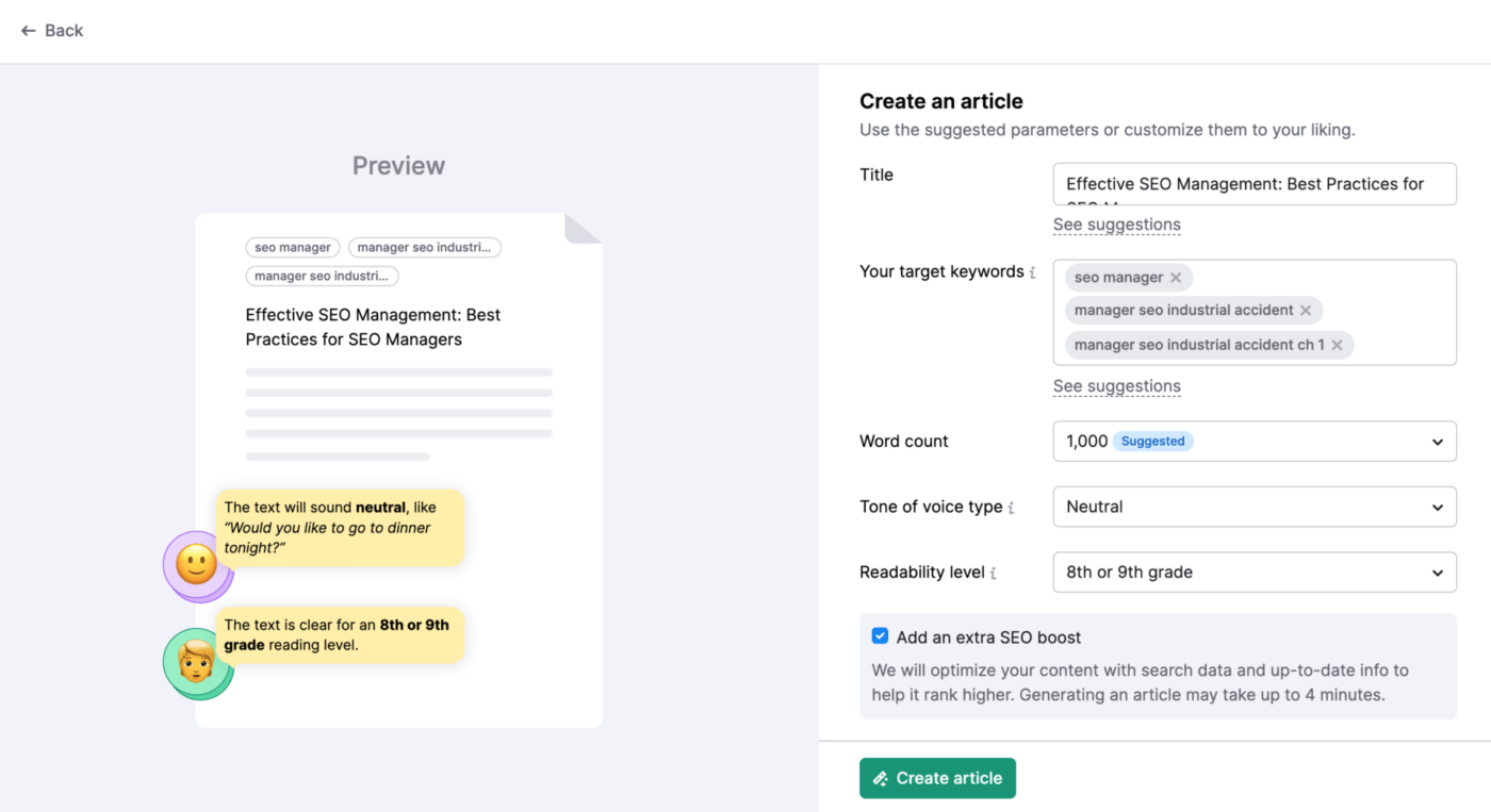 SEO optimization for articles in ContentShake AI, one of the known AI tools for podcasters for research