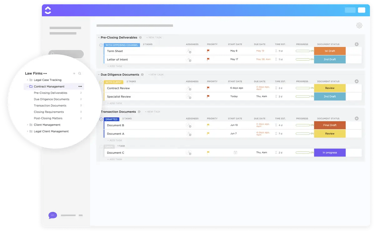 Suivez la progression des étapes importantes du contrat en utilisant le modèle de gestion de contrat de ClickUp