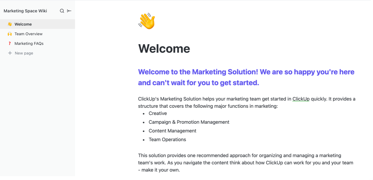 Creating a Marketing Space wiki doc in ClickUp