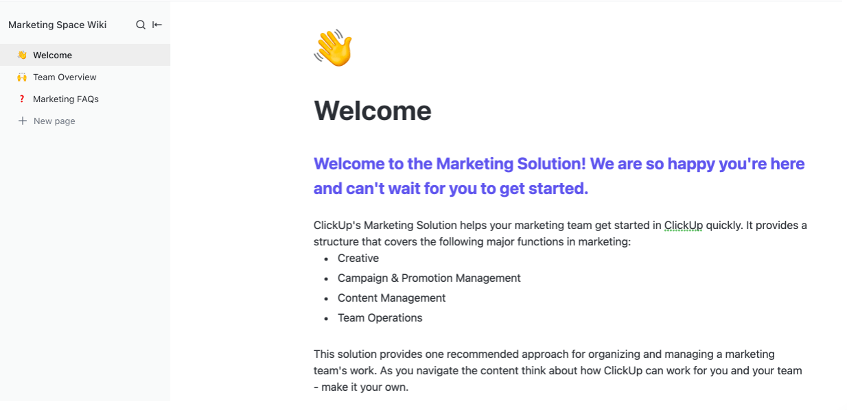 Creazione di un documento wiki dello Spazio marketing in ClickUp
