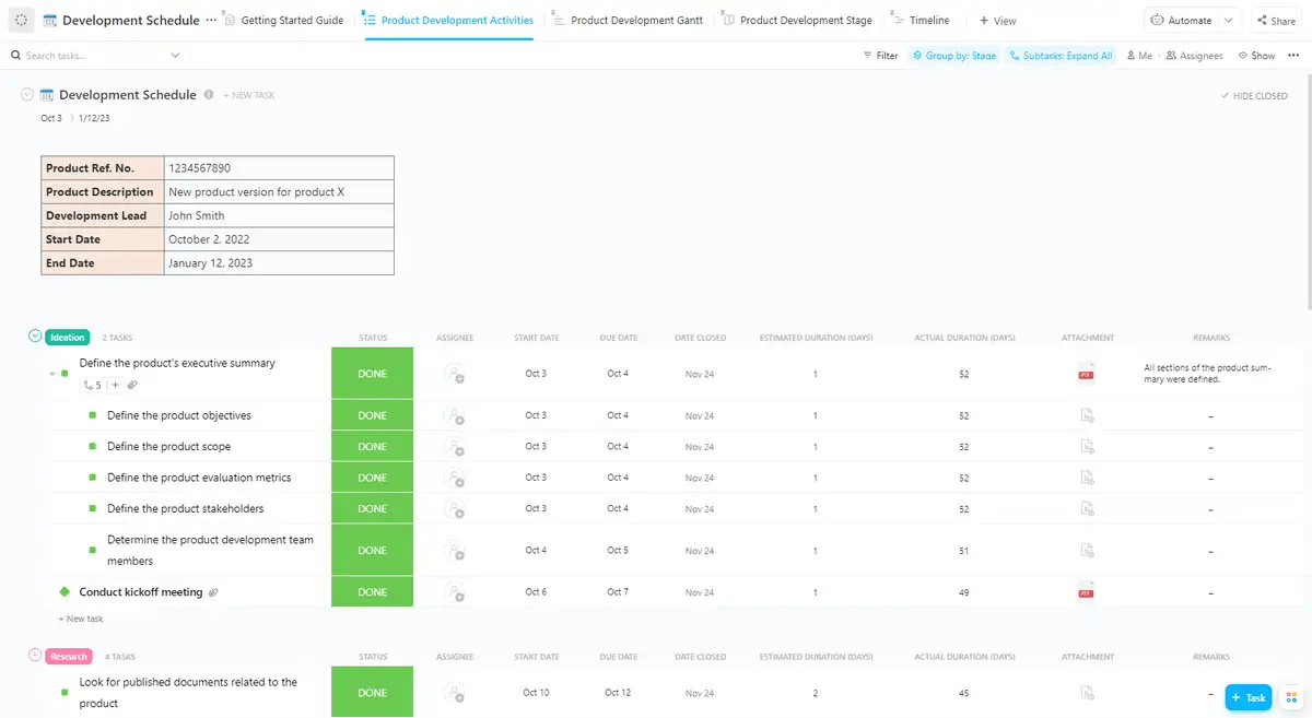 Plan your entire software development projects using the ClickUp Development Schedule Template