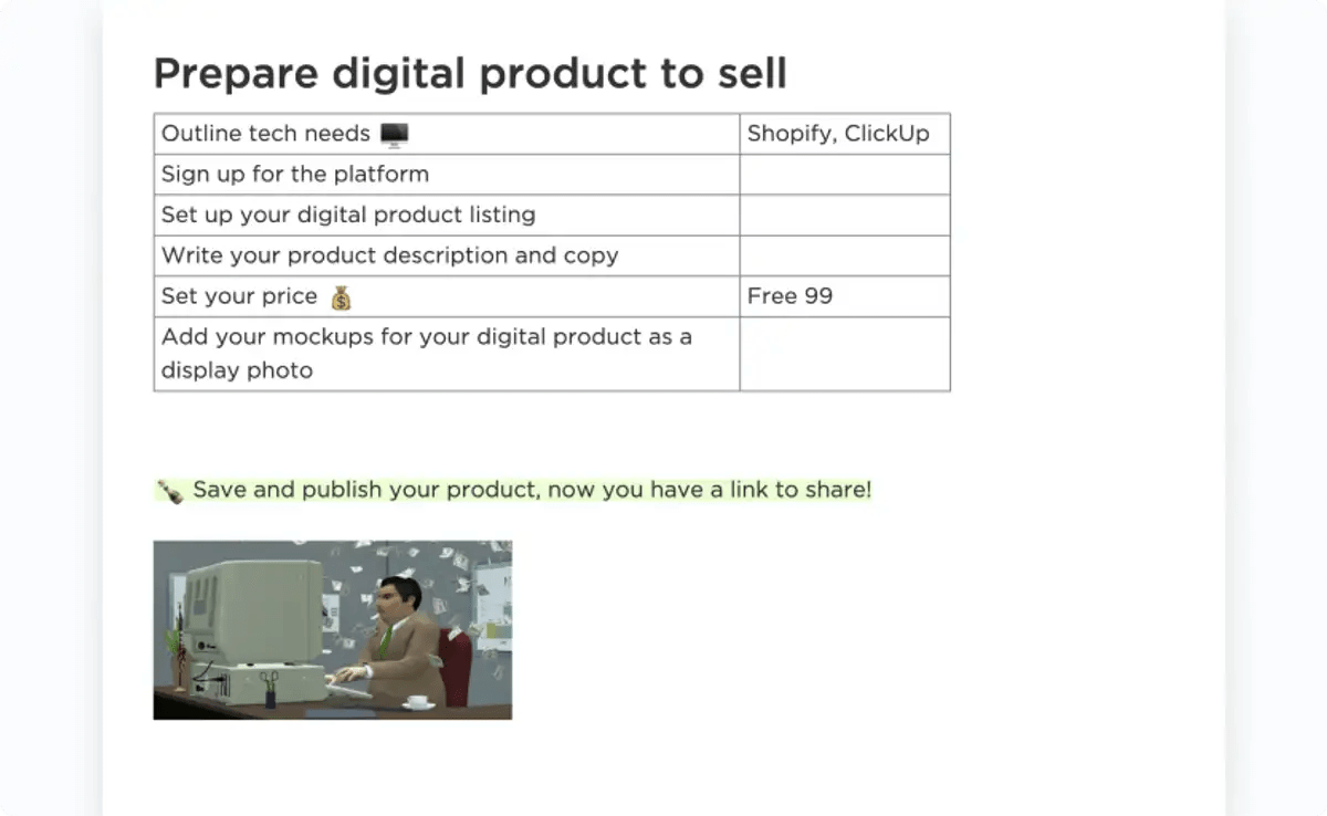 Prepare a comprehensive product to-do-list from concept to launch with the ClickUp Digital Products Checklist template 