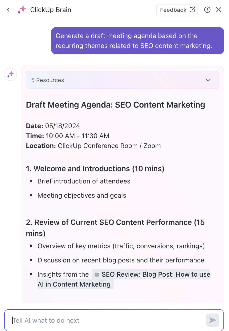 ClickUp Brainでミーティングのアジェンダの草案を作成しています。