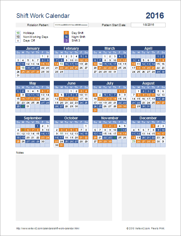 Plantilla de Calendario de Turnos de Empleados por Vertex42