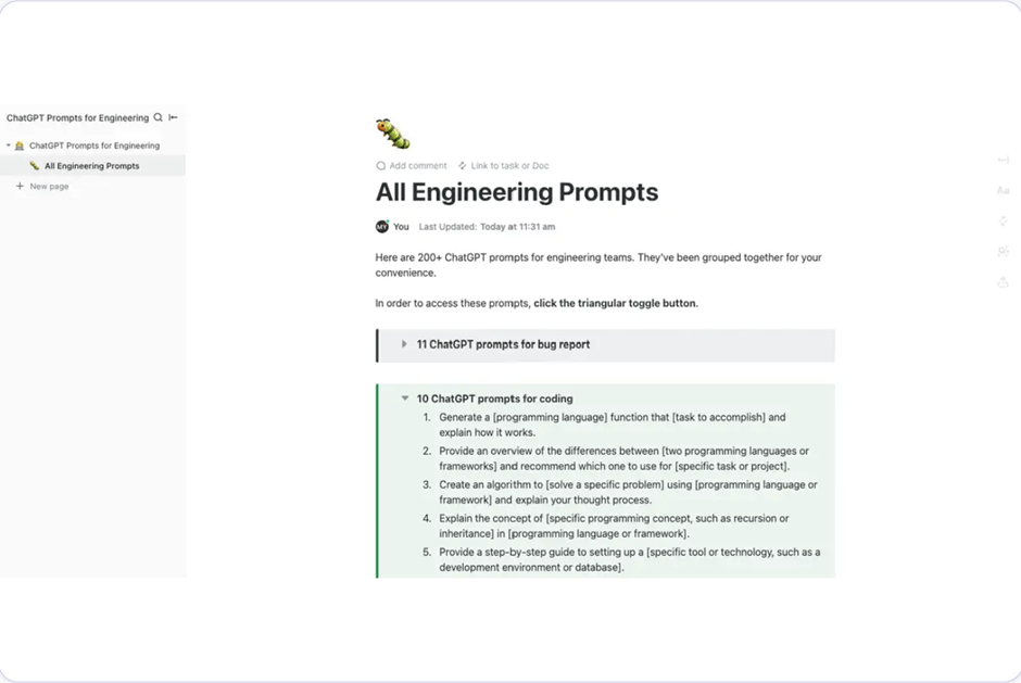 ClickUp’s ChatGPT Prompts for Engineering template is designed to help you create content for your engineering projects.