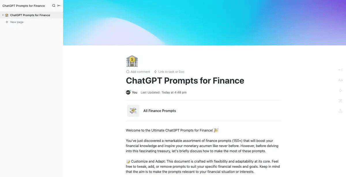 ClickUp’s ChatGPT Prompts for Finance template is designed to help you create content and improve your understanding of finance. 