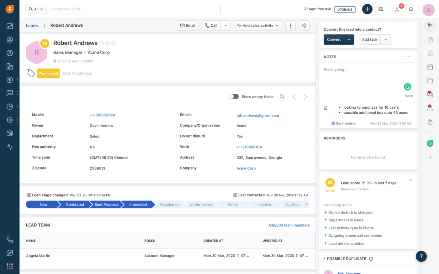 Dashboard of Freshsales, a popular CRM in India