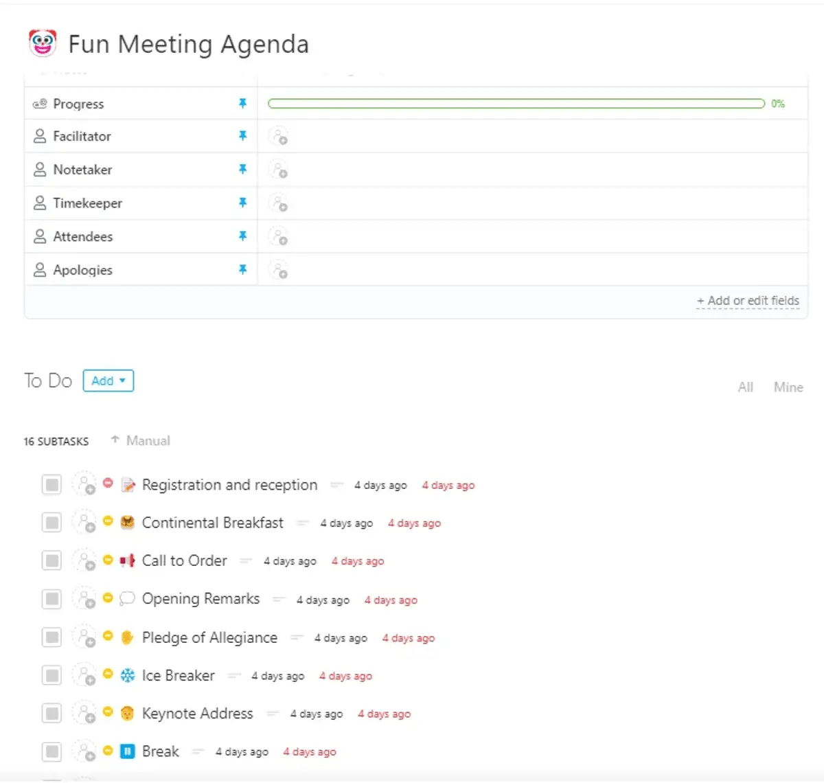 Move away from boring meeting agendas and create riveting agendas for your team meetings using the Fun Meeting Agenda Template by ClickUp