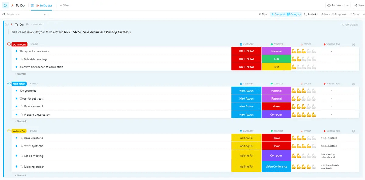 Convertire i piani in realtà con il modello di struttura Getting Things Done su ClickUp