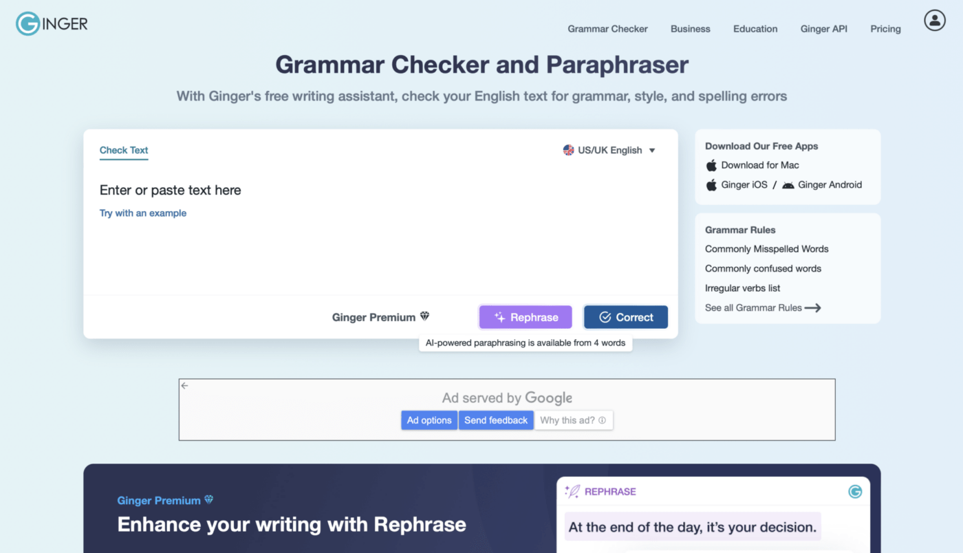 Ginger grammar checker and paraphraser