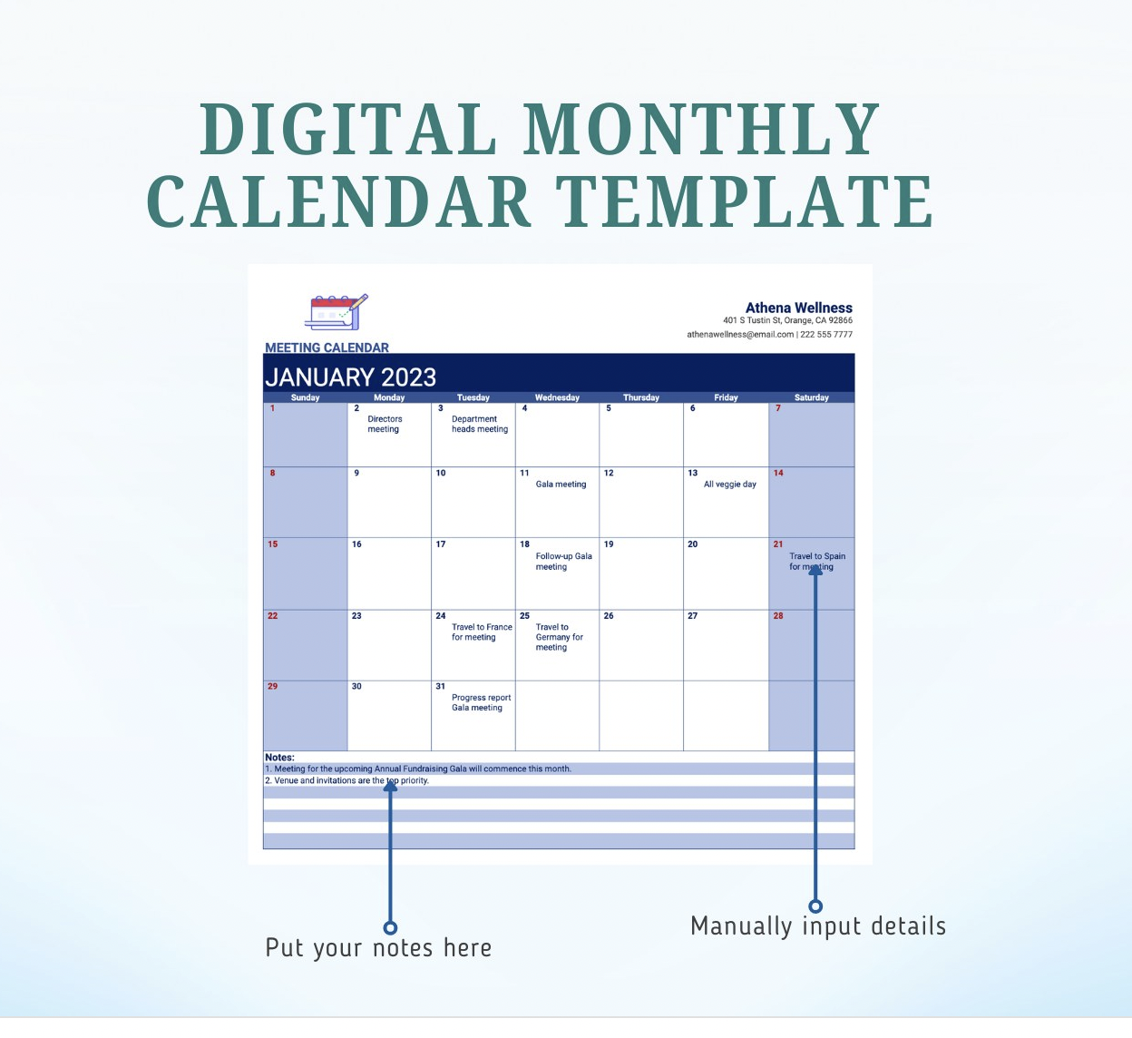 Plantilla de Calendario Mensual Digital de Google Sheets por Template.net