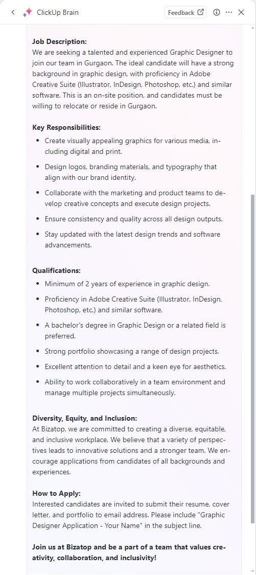 Descrizione del lavoro per graphic designer generata da ClickUp Brain