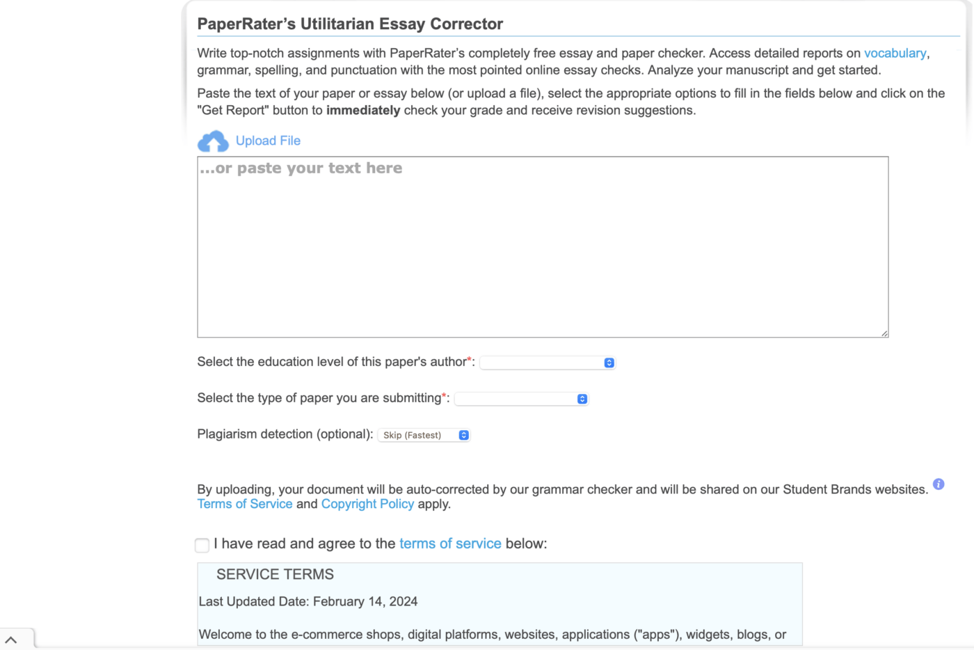 Painel de controle do PaperRater