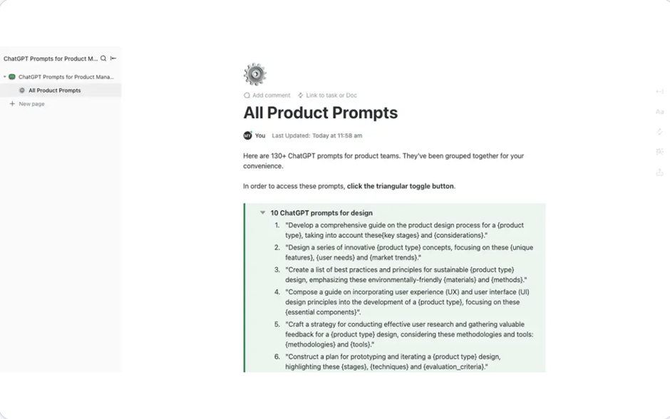 ClickUp’s ChatGPT Prompts for Product Management template is designed to help you create content and improve your product management skills.