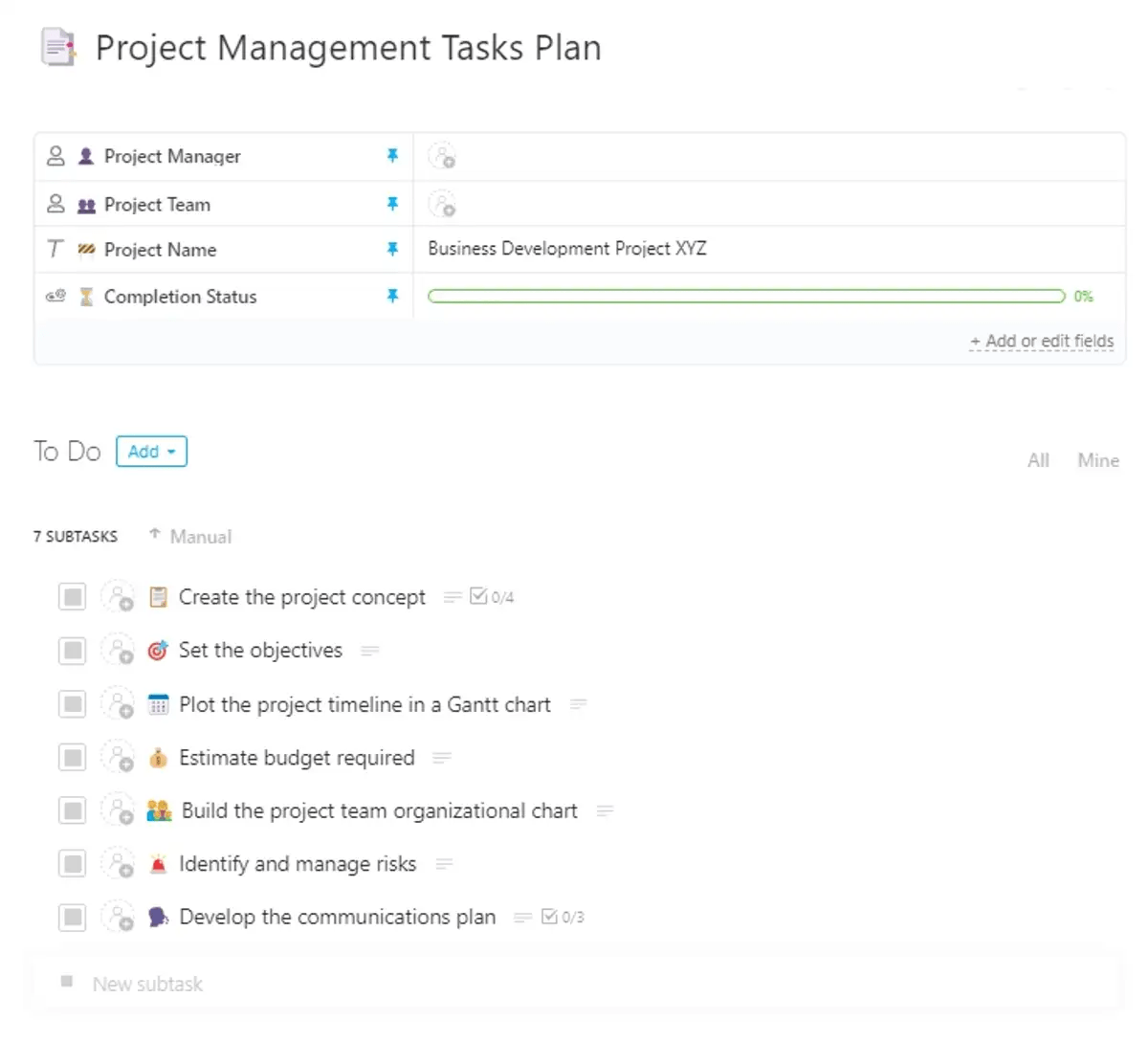 Keep track of all the critical tasks, due dates, inventory, and costs with the ClickUp Project Management Tasks Plan Template
