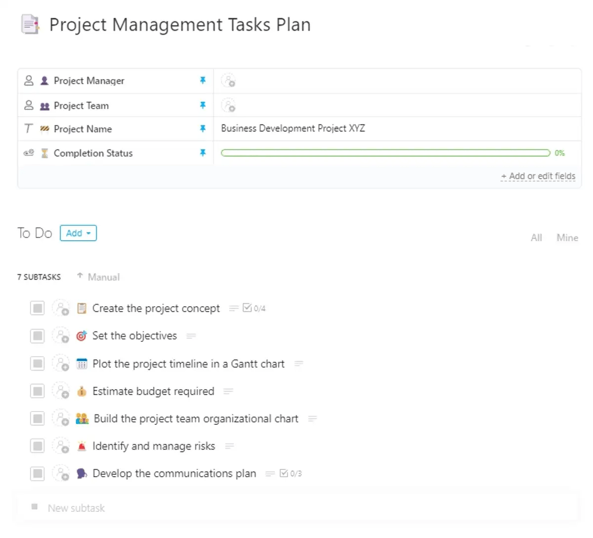 Die ClickUp Vorlage für den Plan für Projektmanagement-Aufgaben wurde entwickelt, um Ihnen zu helfen, Projekte und Aufgaben von Anfang bis Ende zu verwalten.  