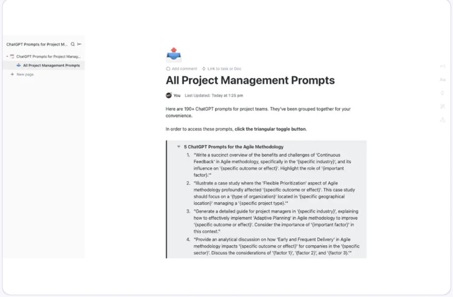 ClickUp’s ChatGPT Prompts for Project Management template is designed to help you manage your projects more efficiently. 