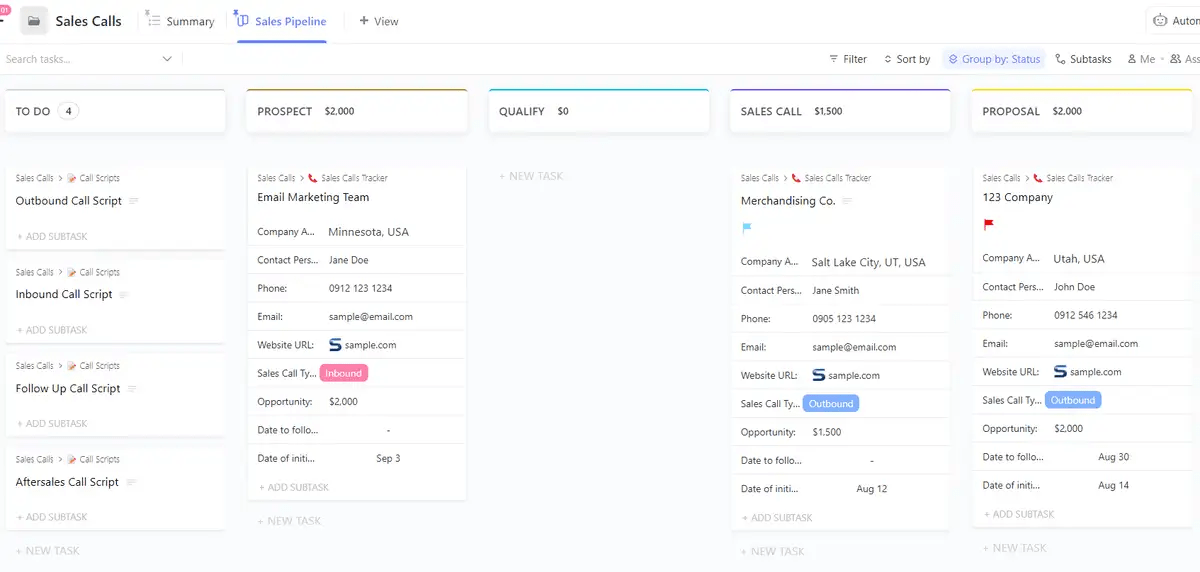 Gérez votre pipeline d'appels commerciaux à partir d'un emplacement central avec le modèle d'appel commercial de ClickUp