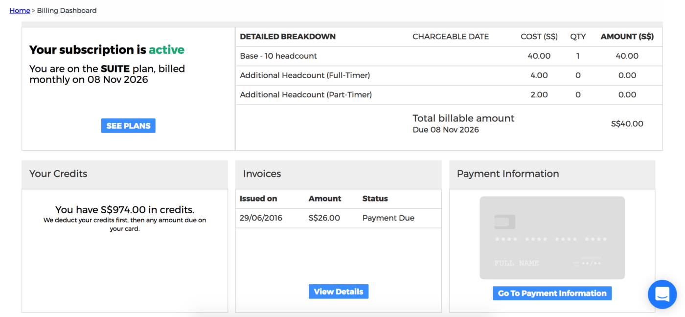 Talenox billing dashboard