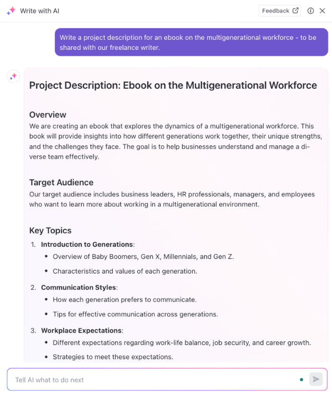 Utilisation de ClickUp Brain pour créer une description de projet et un plan pour un livre électronique