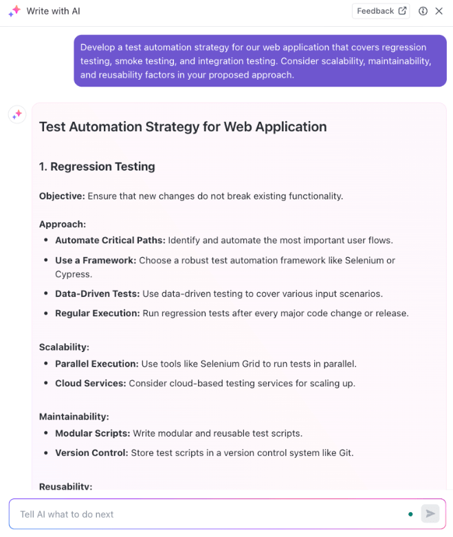 We used ClickUp Brain with prompts for developing a test automation strategy