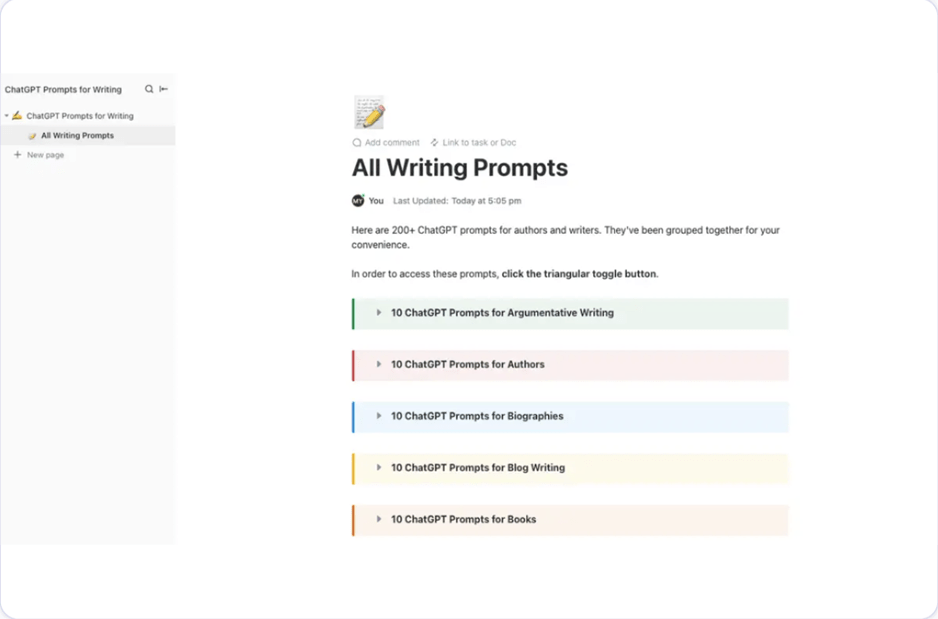 ClickUp’s ChatGPT Prompts for Writing template is designed to help you create original content with ease.