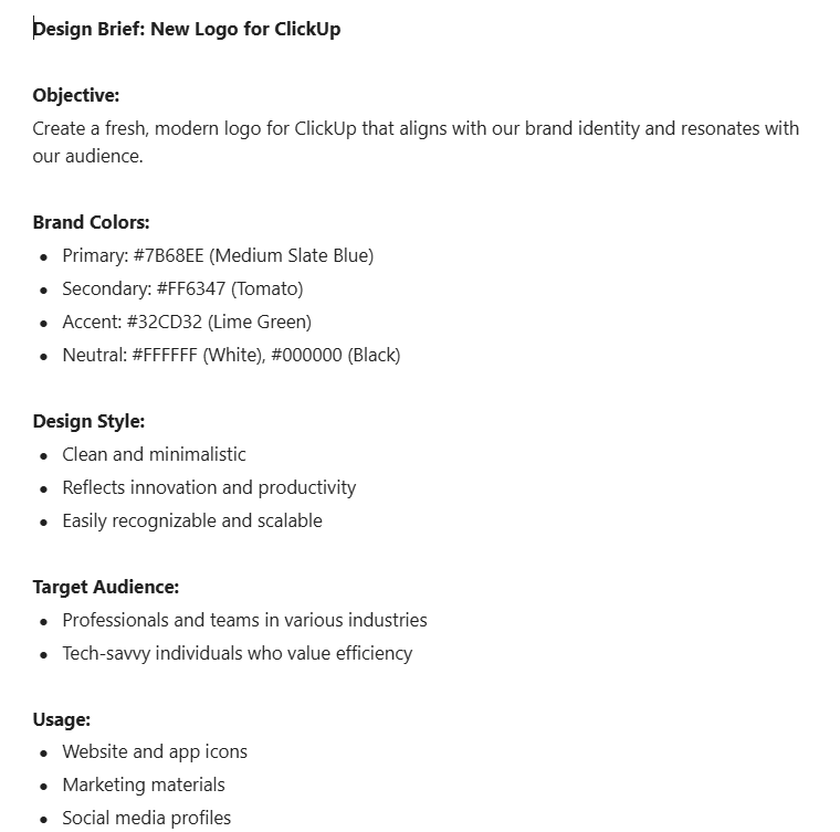 design brief example from ClickUp Brain