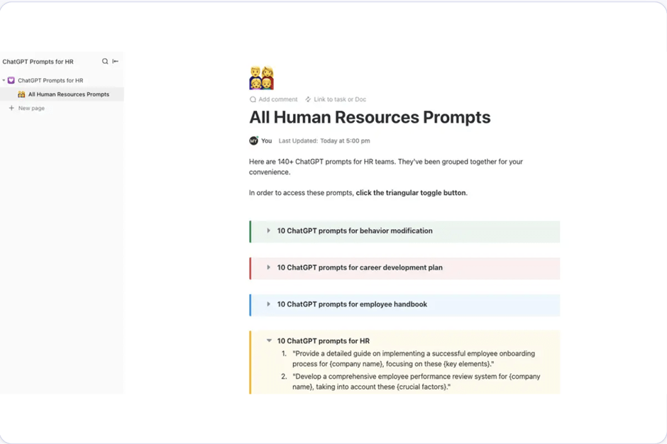 ClickUp’s ChatGPT Prompts for HR template is designed to help you create content related to human resources.