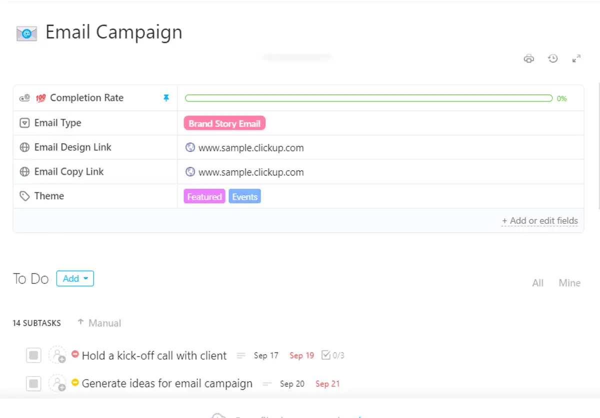 ClickUp's Email Campaign Template is designed to help you plan, track, and measure the success of email marketing campaigns. 