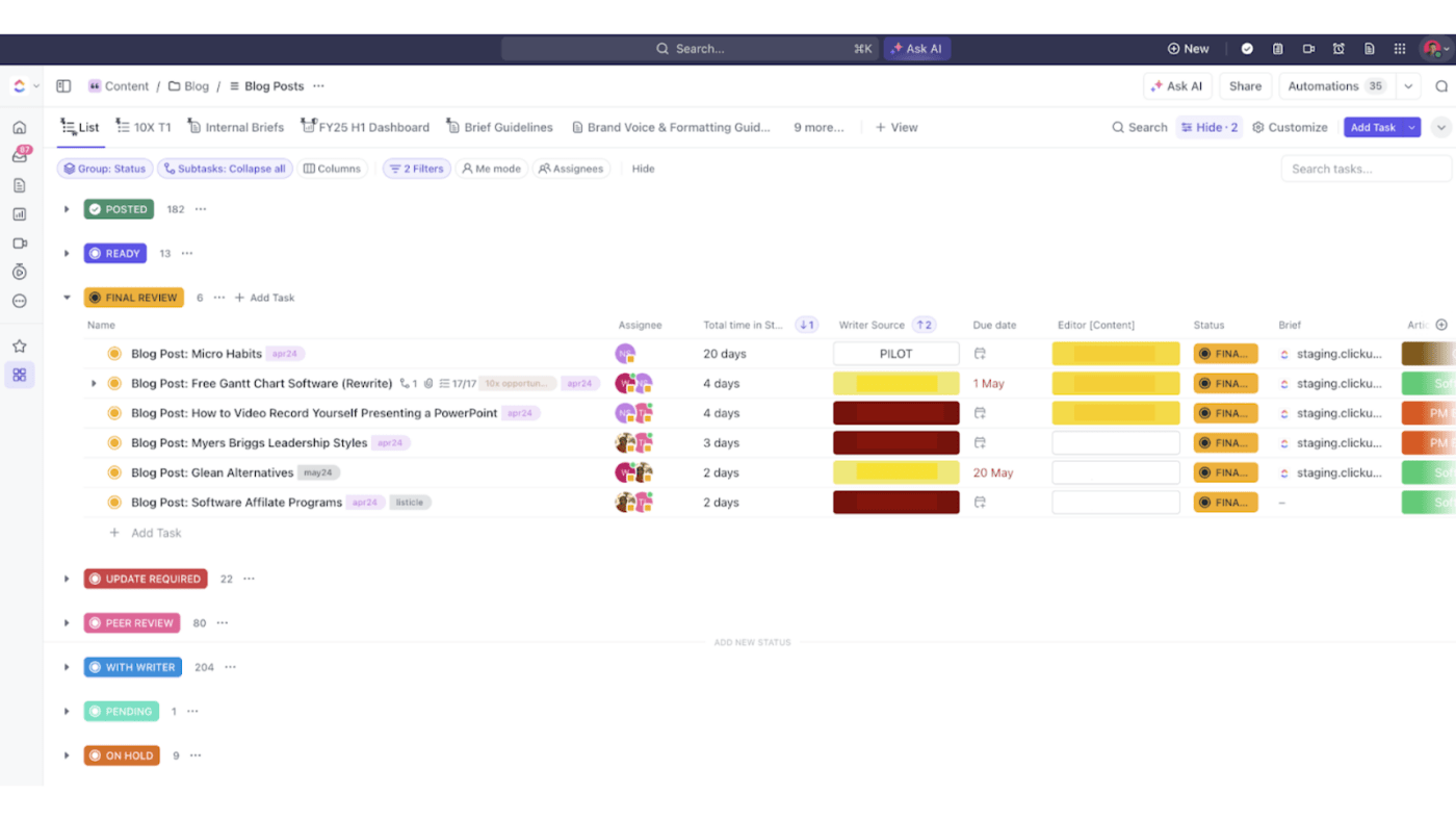 Our editorial calendar in ClickUp