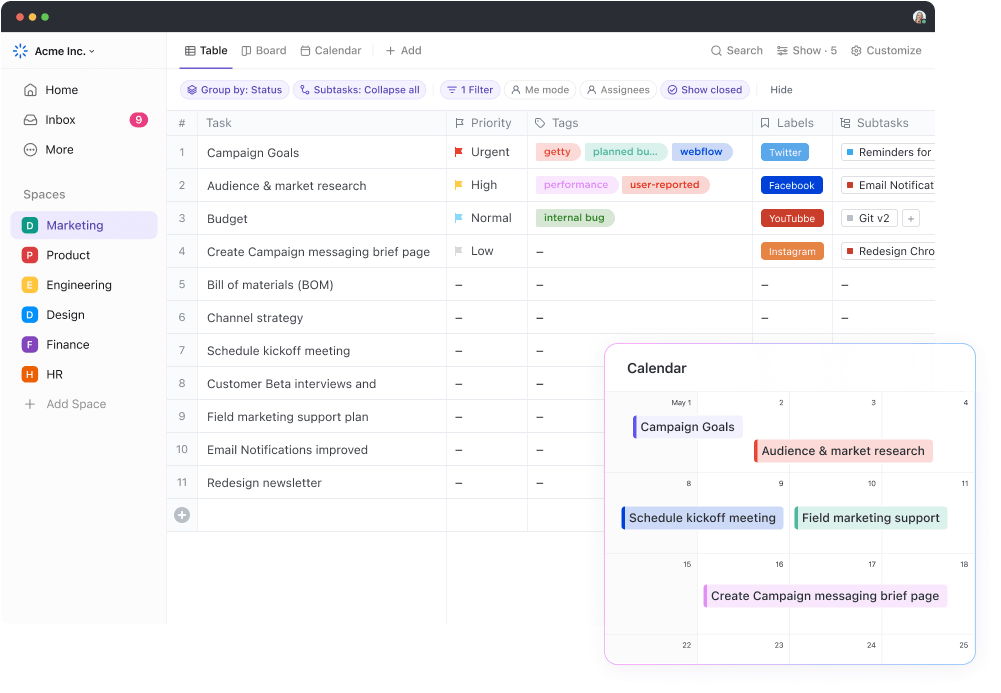 ClickUp Table and Calendar view