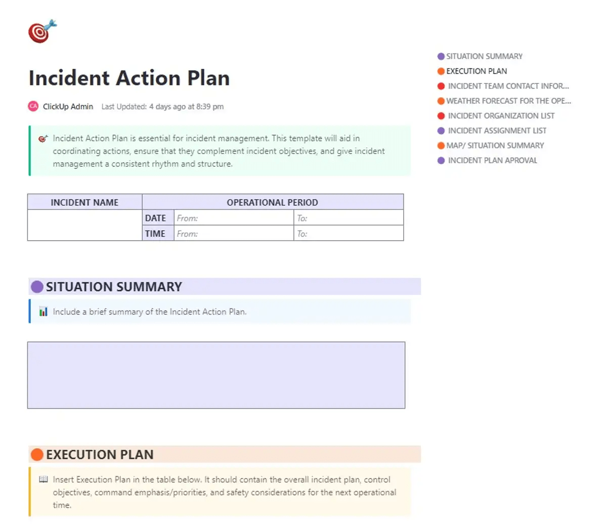 Coordinate actions, ensure that they complement incident objectives, and give incident management a structure with the ClickUp Incident Action Plan Template