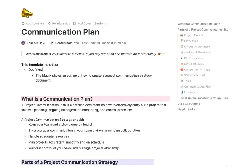 Il modello di piano di comunicazione di ClickUp è stato progettato per aiutarvi a pianificare e coordinare le conversazioni con gli stakeholder.   