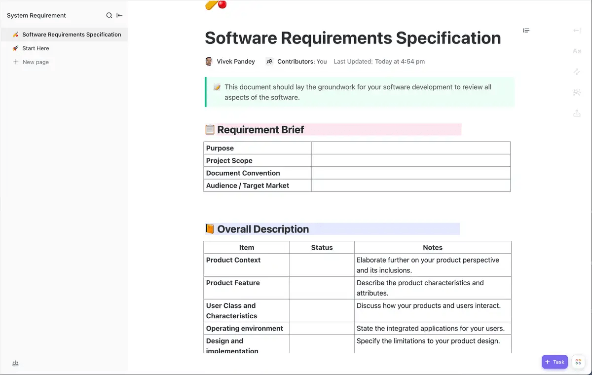 Lay the groundwork for your product development efficiently with the ClickUp System Requirements Template