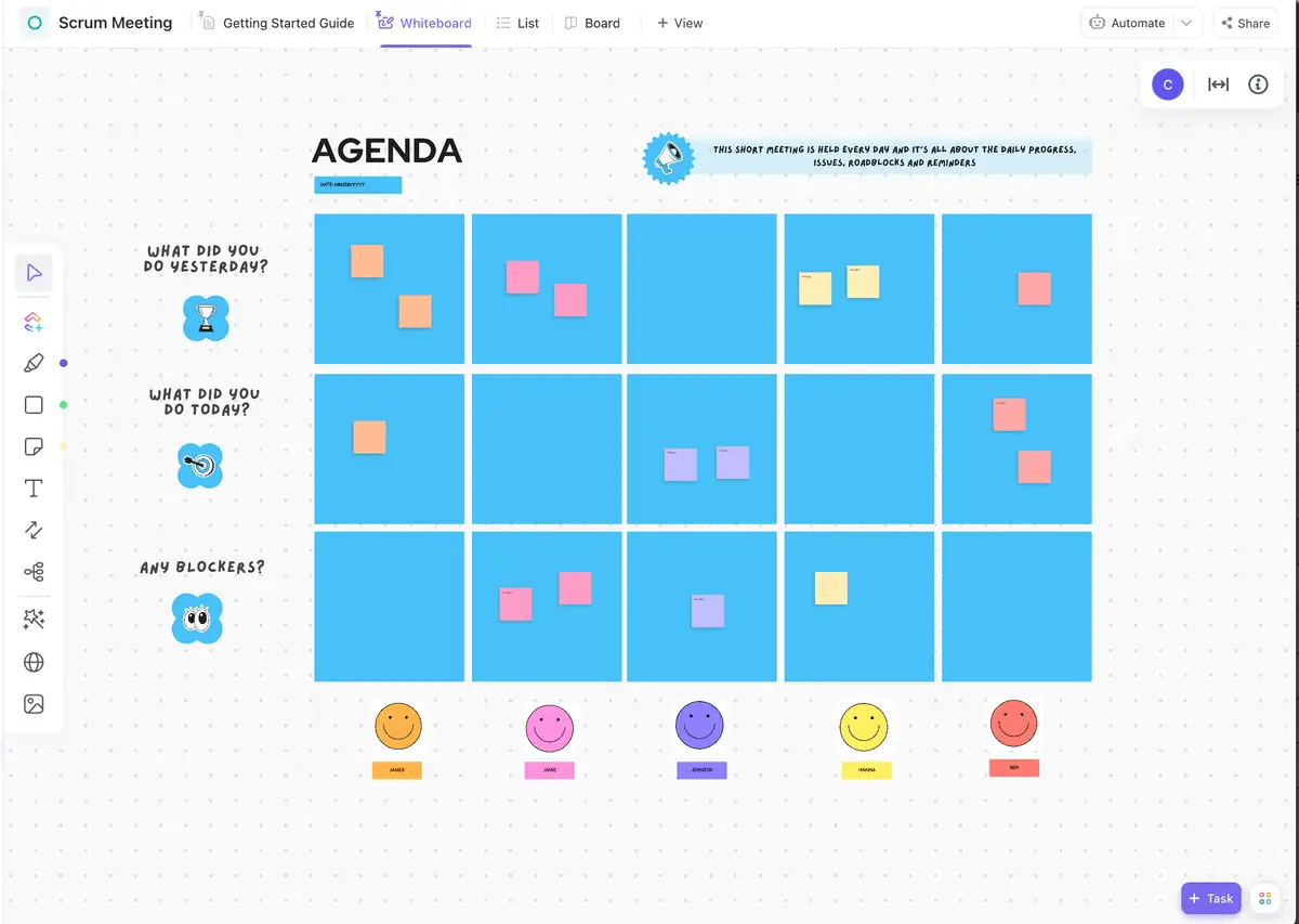 Use the ClickUp Scrum Meeting Template to conduct daily status meetings about tasks and to-dos for projects 