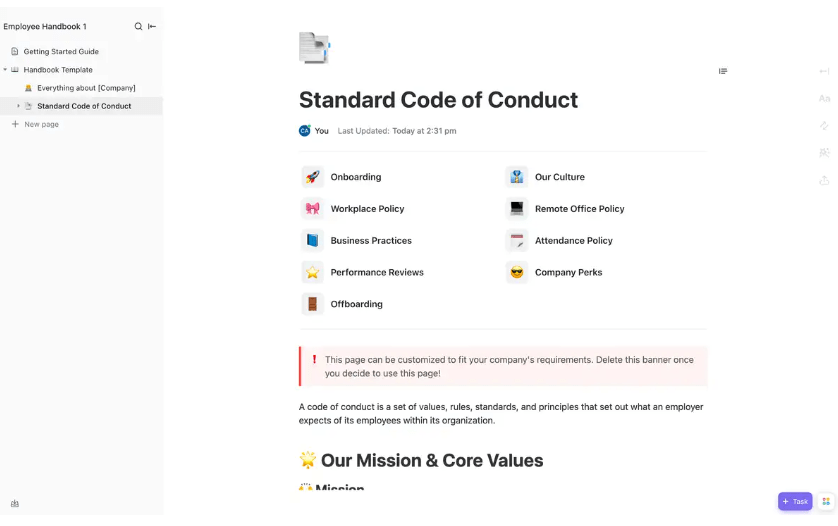 Easily lay out expectations, policies, and procedures and communicate clear guidelines for onboarding and offboarding with this ClickUp Employee Handbook (Advanced) Template