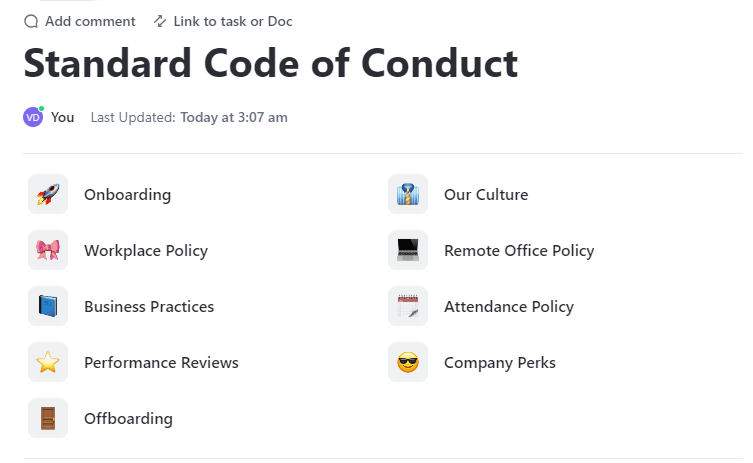 Standard Code of Conduct page in the ClickUp Template