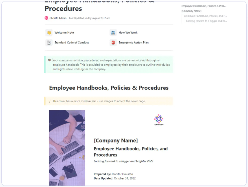 Set the right expectations for employees and provide them with clarity on how to do their jobs properly with the ClickUp Employee Handbooks, Policies, and Procedures Template