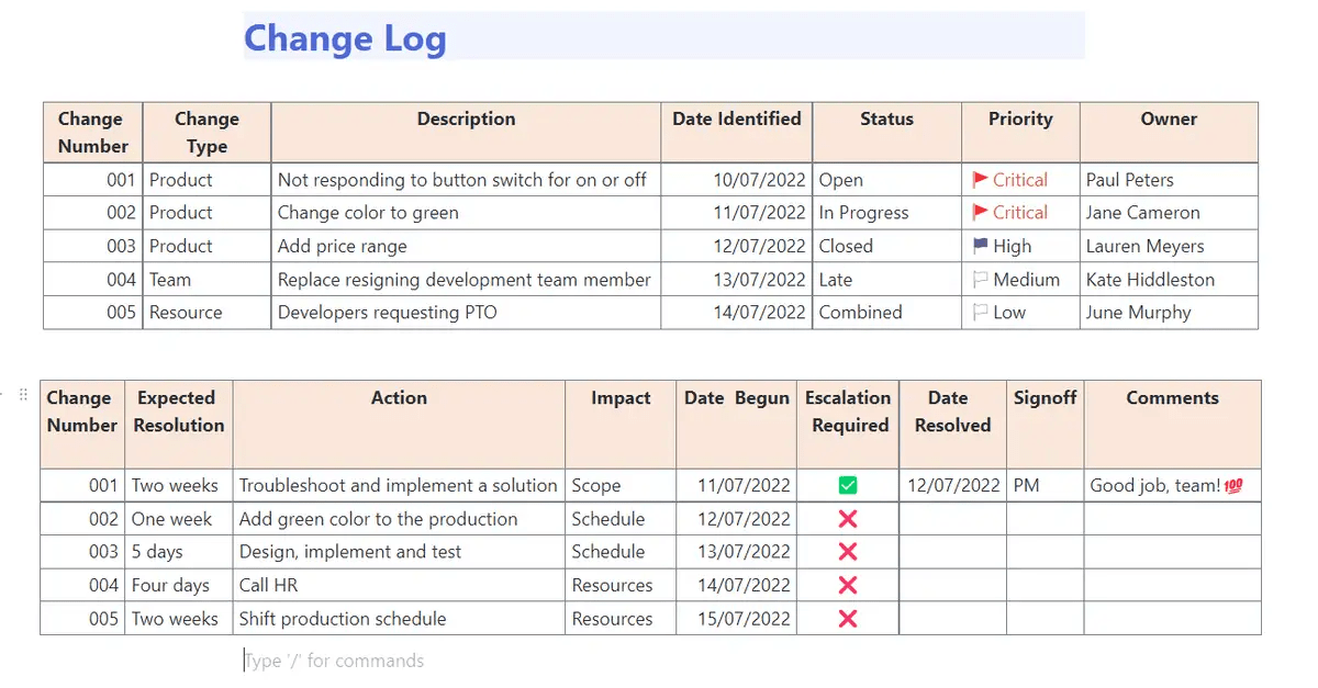 Maintain an accurate tracking log with modifications, which are properly handled and their effects completely evaluated with the ClickUp Software Change Log Template