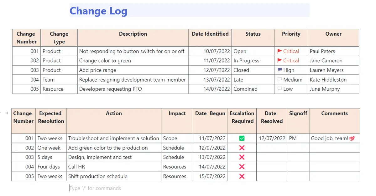 Modèle de journal des modifications du logiciel par ClickUp