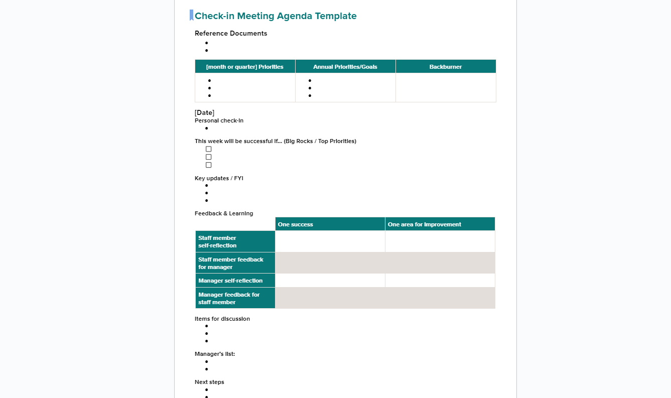 Modello di agenda della riunione di check-in di Google Docs