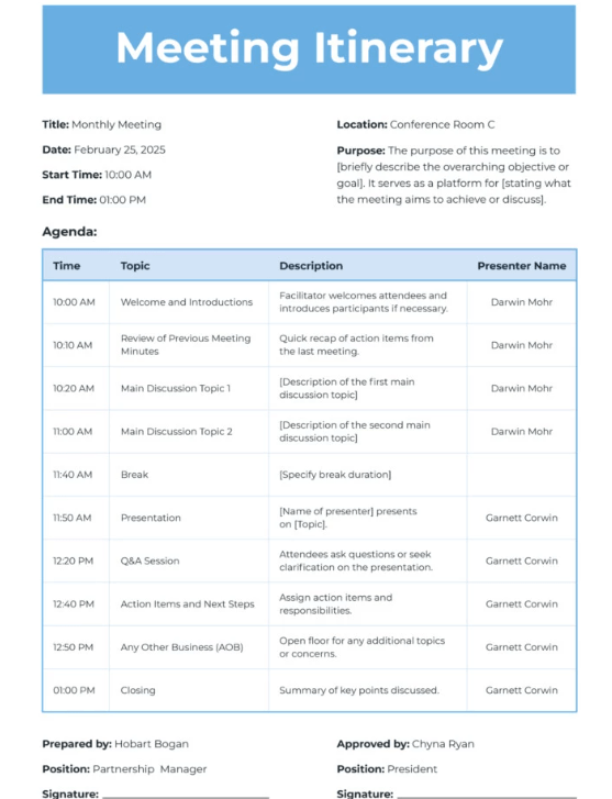 Google Docs Meeting Itinerary Template