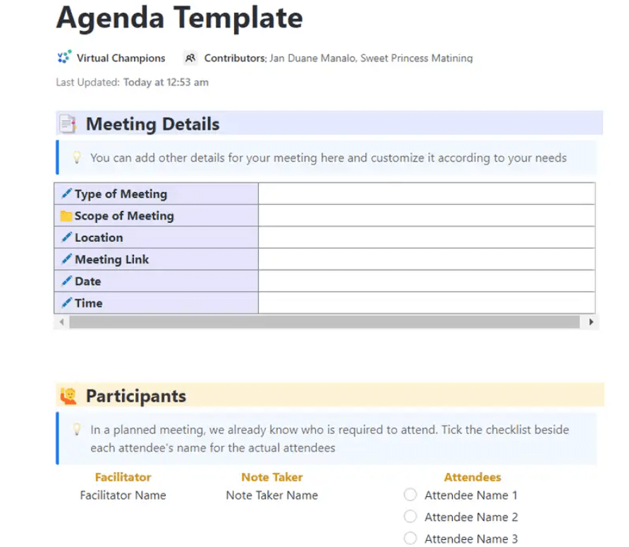 Blijf op schema en vereenvoudig uw vergaderingen met het ClickUp agendasjabloon