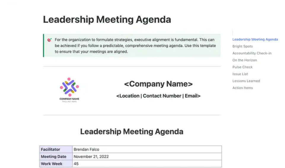 Achieve executive alignment and keep discussions on track with ClickUp’s Leadership Meeting Agenda Template