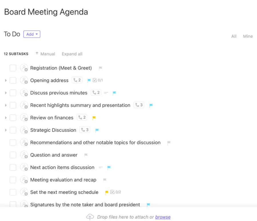 Zdefiniuj przejrzystą agendę i spraw, by spotkania zarządu były produktywne dzięki szablonowi agendy spotkania zarządu ClickUp